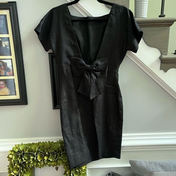 Rickie Freeman for Teri Jon Black Linen Low Bow Back Dress sz 4 EUC - Picture 4 of 6